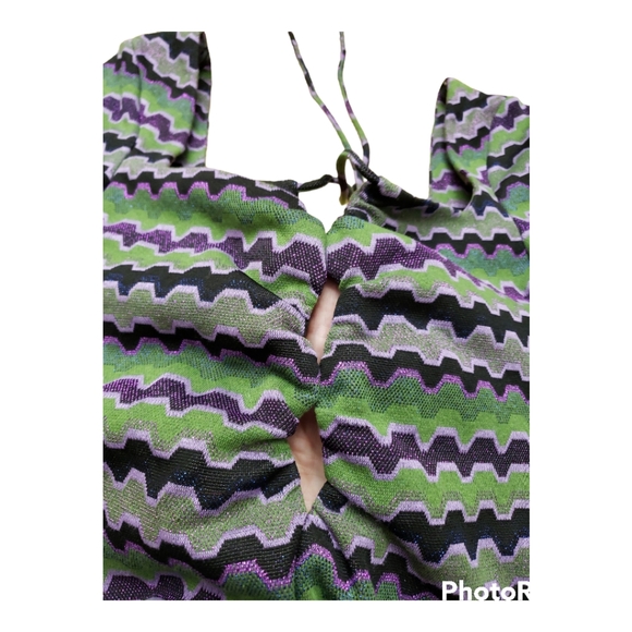 NWT Zara Purple Green Metallic Zig Zag Knit Keyhole Retro Mini Dress Size S - Picture 6 of 10